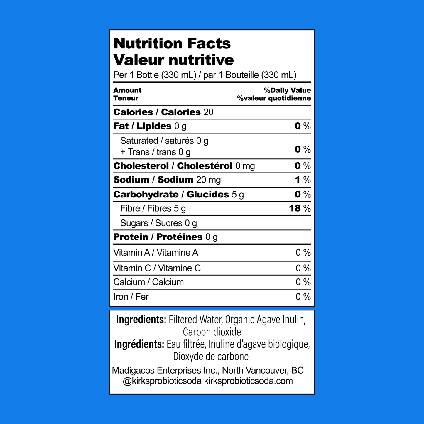 Nutritional information label on a bottle of Kirk's prebiotic Soda