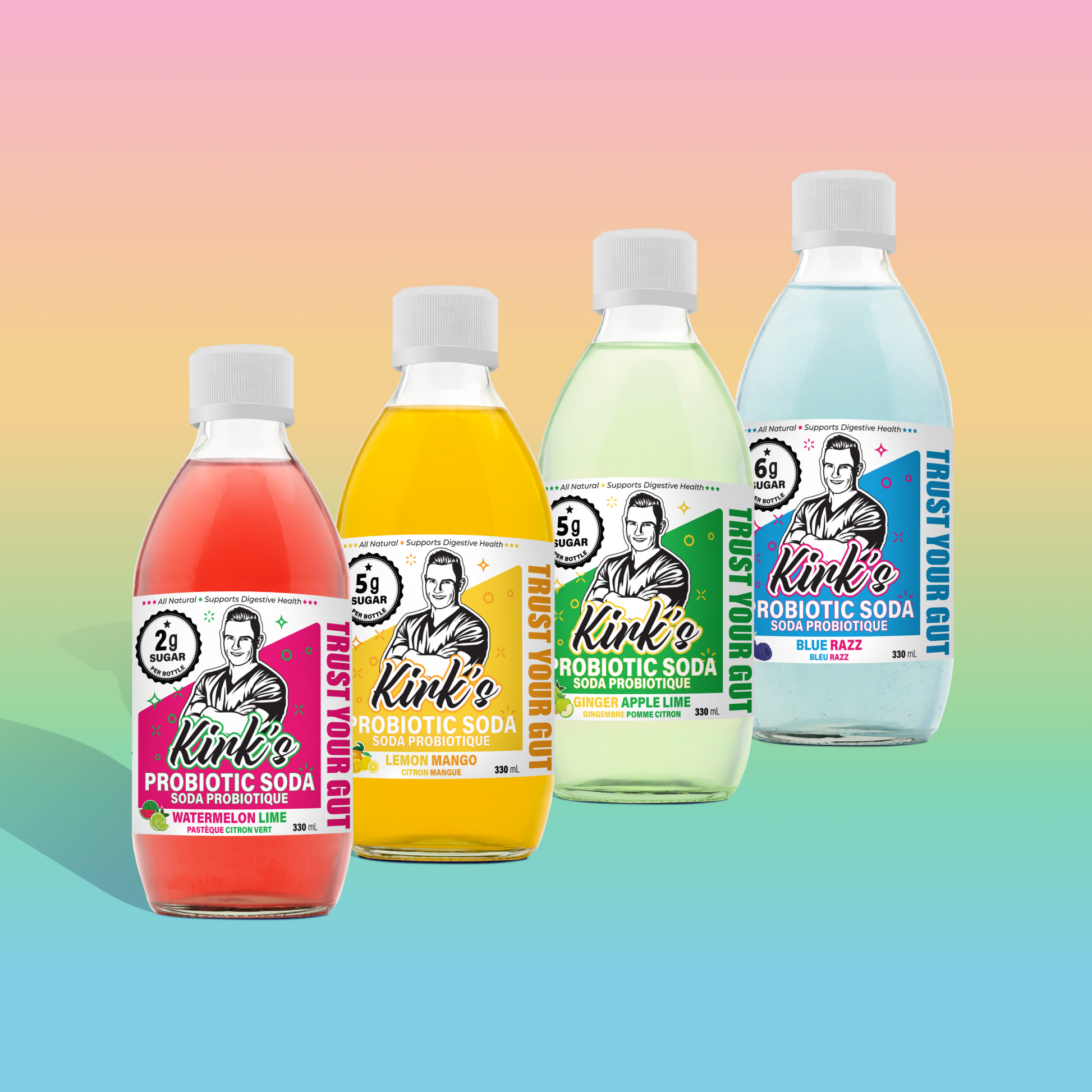 Multiple bottles of Kirk's probiotic soda in various flavors